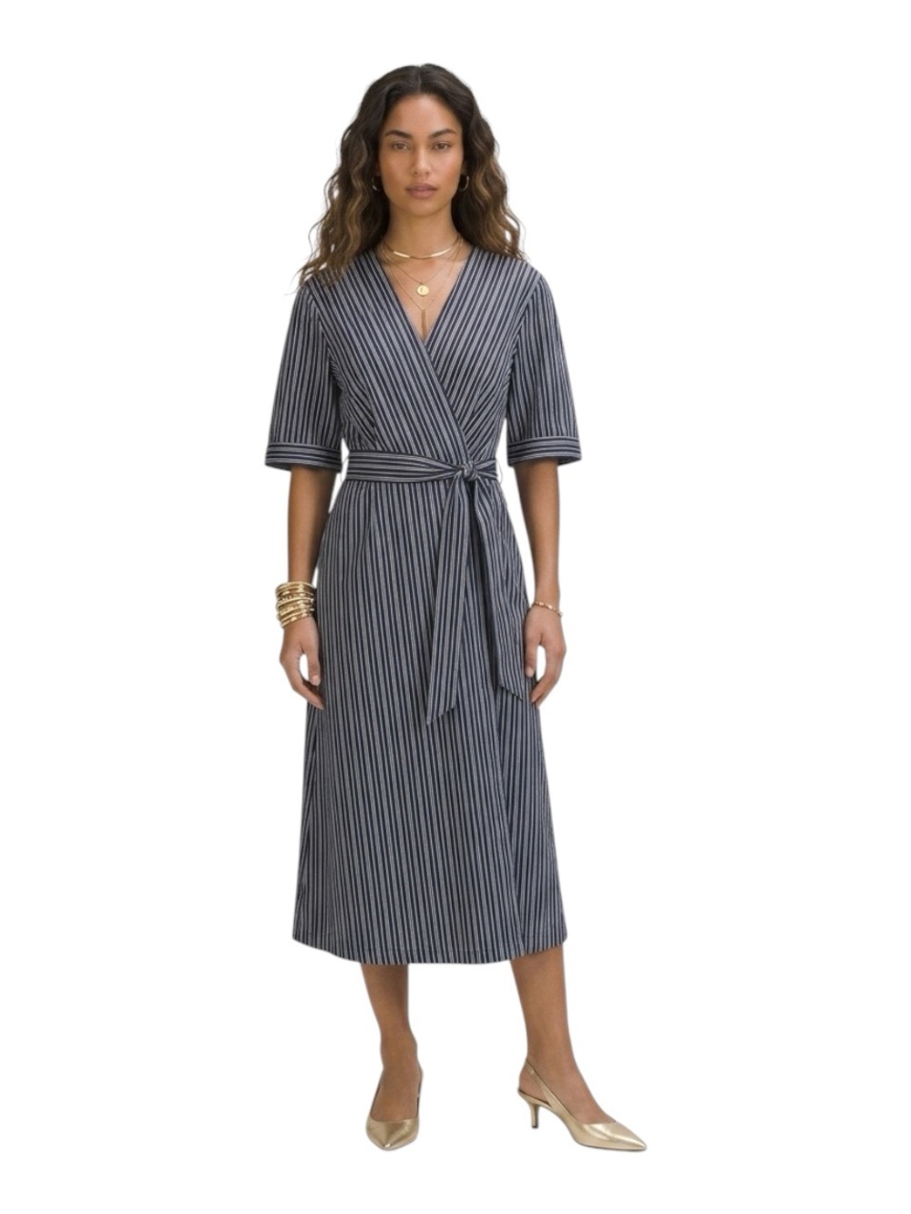 NWT Jill By JillStuart Navy Blue Striped Wrap Bow Cinched Midi Dress Size Large